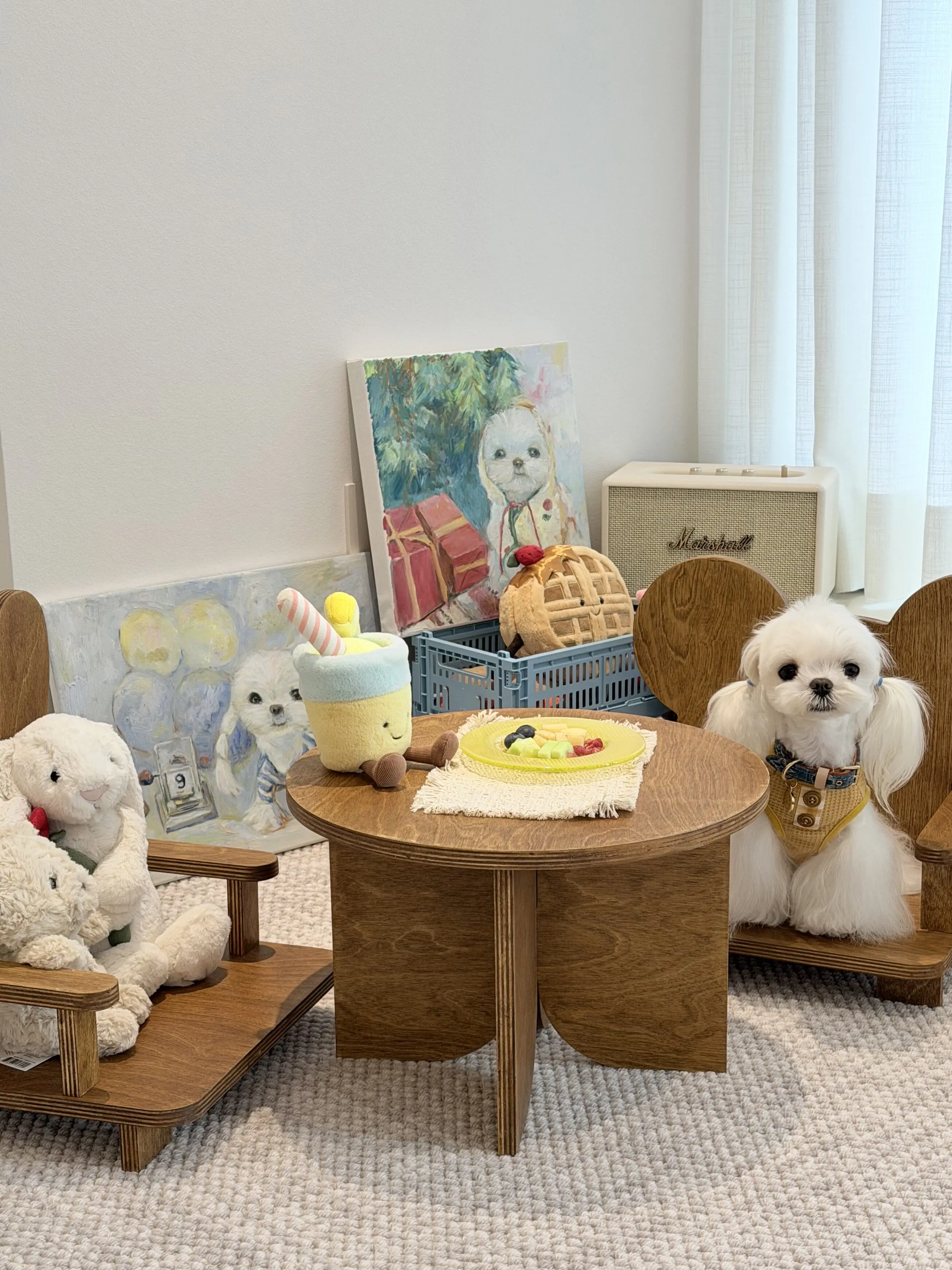 wooden pet furniture decoration in a customer's home - Vintage Round Pet Side Table and Mini Chair Set